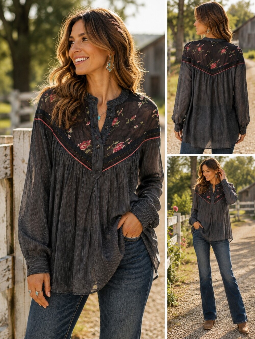 Free People western style floral see through pin stripe shirt size small